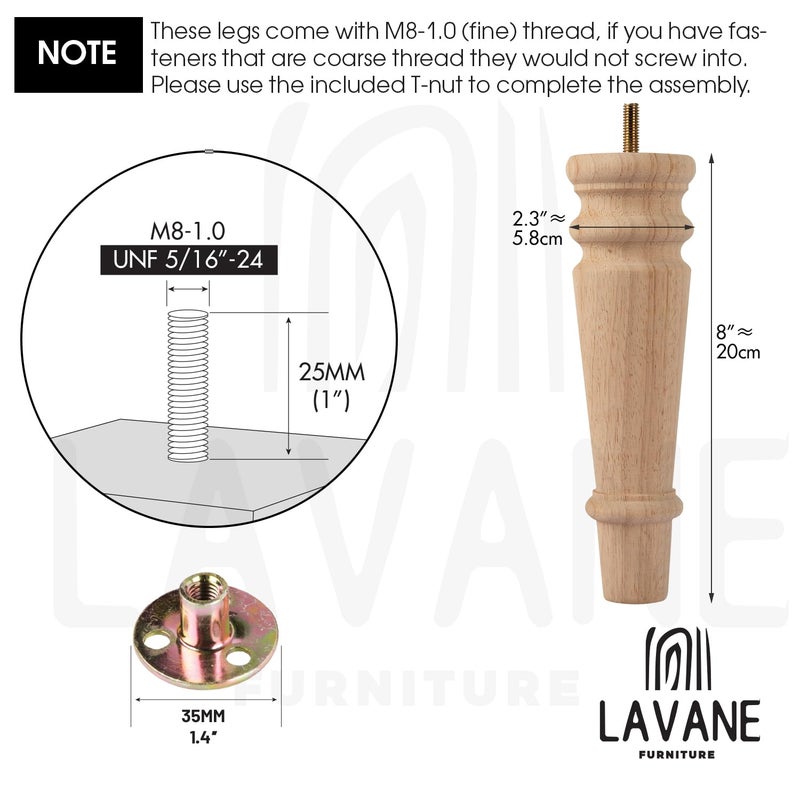 La Vane 8 inch / 20cm Unfinished Wooden Furniture Legs, 4PCS Soild Wood Turned Spindle Replacement Bun Feet with Pre-Drilled M8 Inch Bolt & Mounting Plate for Sofa Couch Chair Ottoman - Image 4